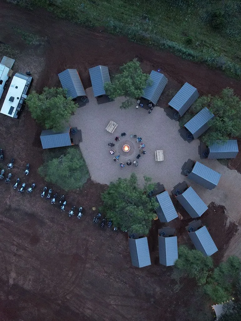 Aerial view of cabin village horseshoe