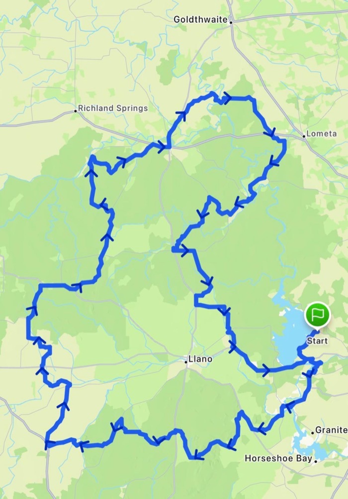 The Trail Boss 250 route — a 250-mile loop through the Texas Hill Country, starting near Burnet
